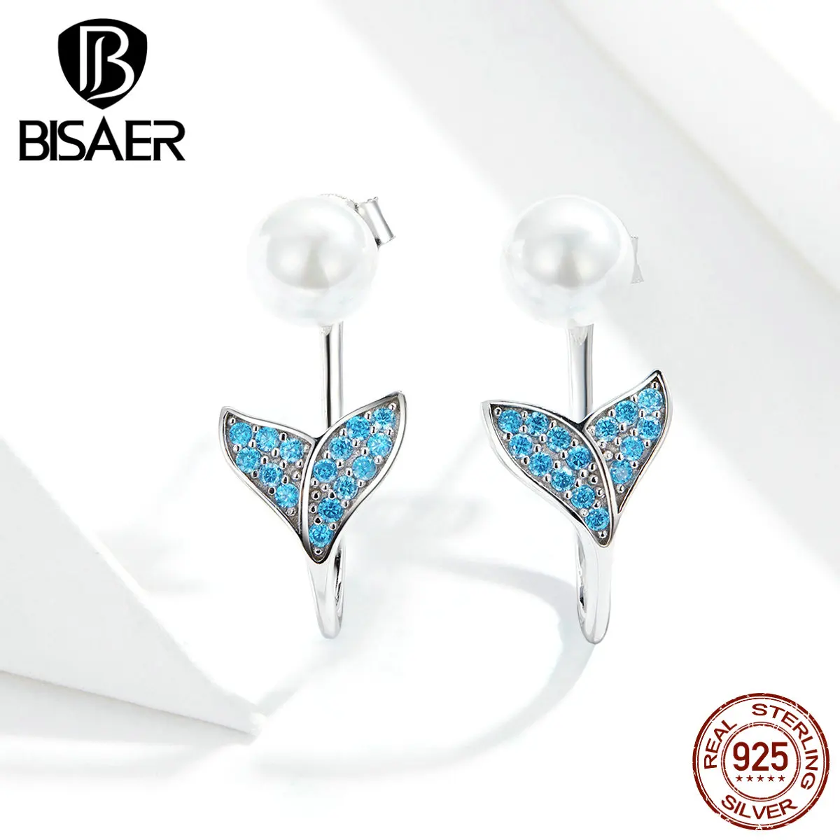 Tail Earrings BISAER 925 Sterling Silver Wedding Pearl Ocean Mermaid Tail Women Stud Earrings Silver Jewelry ECE761