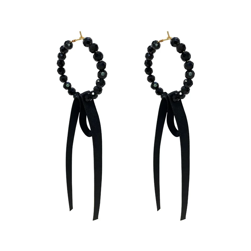 Women Korean temperament Black crystal earrings contracted long Ribbon Drop earrings geometric circular modelling dangle earrings drop earrings long earrings crystal earrings geometric earrings