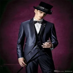 New High-Quality Customized Satin Navy Blue Groom Tuxedo Peak Lapel Best Man Men's Suit Wedding 3 Pieces (Jacket + Pants + Vest)