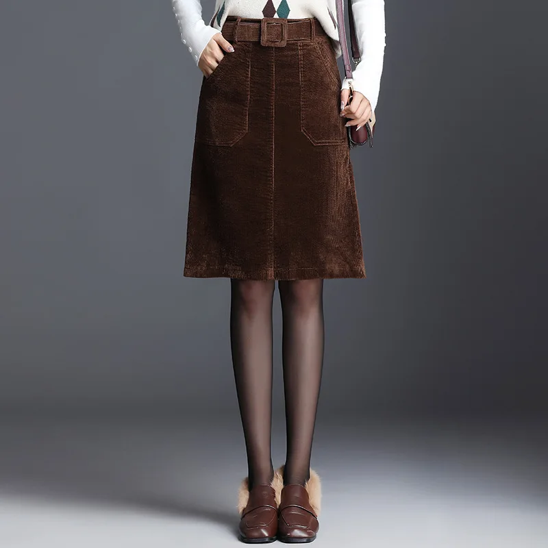 Lxunyi Women Corduroy Skirt Autumn Winter Office Ladies Formal Work Pencil Skirts with Belt Vintage Cotton Skirt Large Size - Цвет: Коричневый