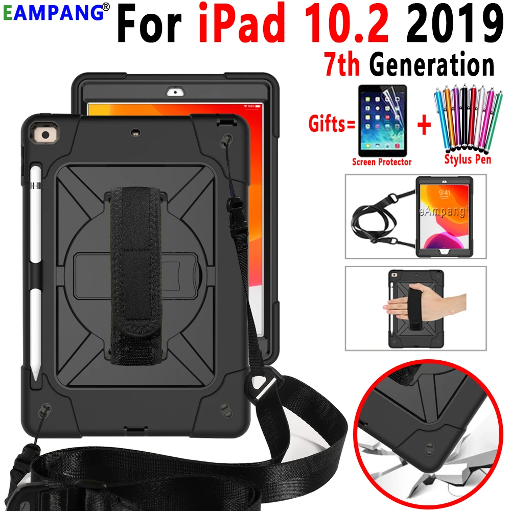 

360 Degree Shoulder Strap Case for iPad 7th Generation Case with Pencil Holder for Apple iPad 10.2 2019 A2200 A2198 A2232 Cover