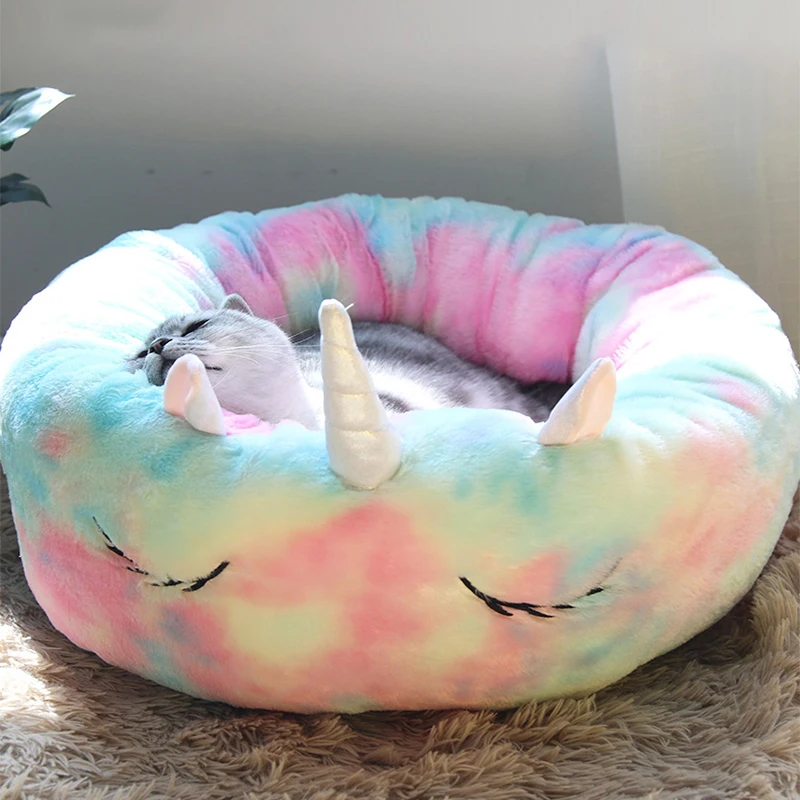 Unicorn Pet Bed Winter Warm Round Dog Bed Long Plush Dog Kennel Washable Cat House Soft Cotton Mats Sofa For Small Large Dog