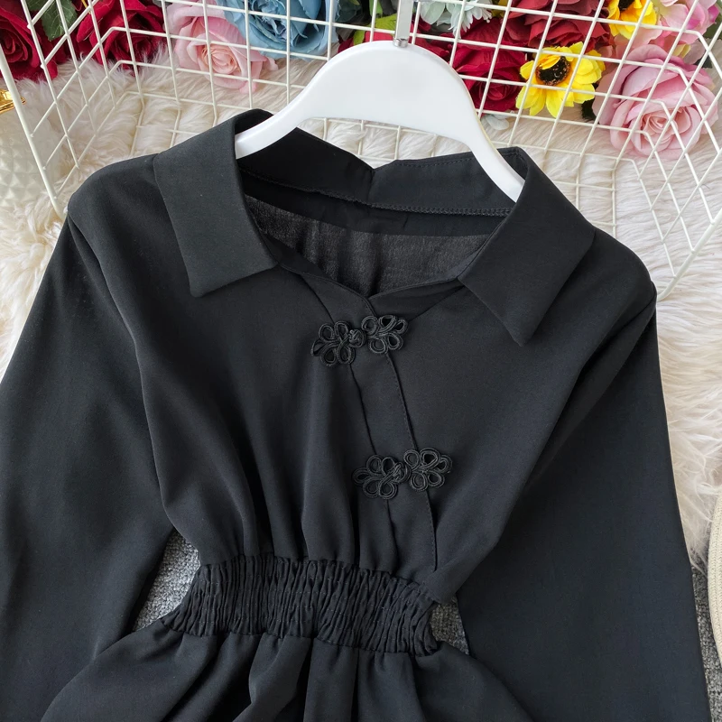Neploe, Ретро стиль, дизайн с дисковыми пуговицами, блузка, тонкая талия, оборки, отложной воротник, фонарь, длинный рукав, на шнуровке, дизайнерская рубашка 48138