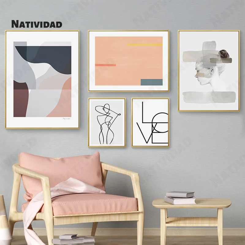 

Macaron Color Line Girl Graffiti Ink Girl Text Map Waterproof Ink Painting Love Text Modernism Style Living Room Painting Canvas