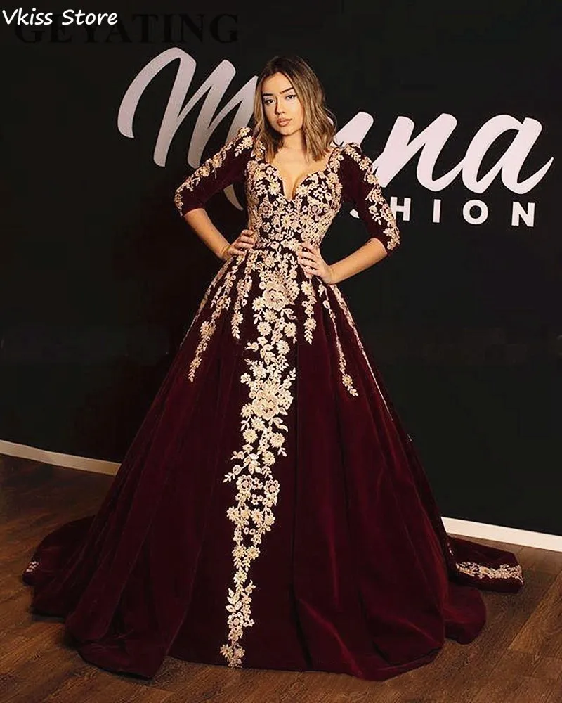 

2020 Satin Evening Dress Burgundy Sweep Train Applique Lace Luxury Long Sleeves V-neck Elegant Prom Dress robe de soirÃ©e