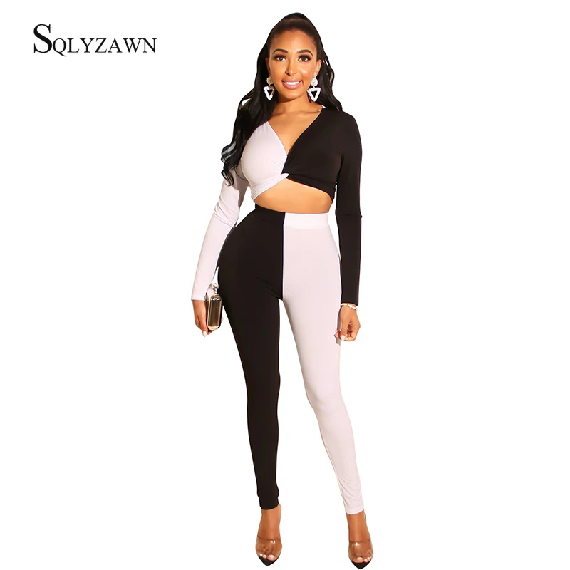 

Women's Sexy White and Black Color Block Patchwork Two Piece Sets Autumn Long Sleeve Crop Top and Pants Fashion Co Ords Outfits