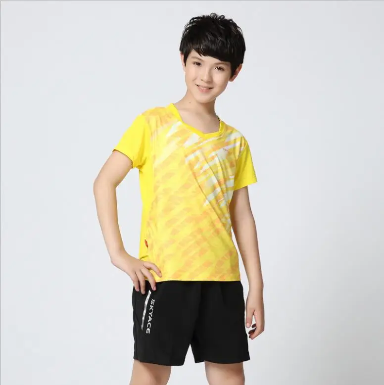 yellow one set Детская рубашка для бадминтона, настольные теннисные майки, спортивные рубашки для мальчиков, быстросохнущая Детская рубашка, одежда, теннисная Детская кофта для бадминтона, шорты - Цвет: yellow one set
