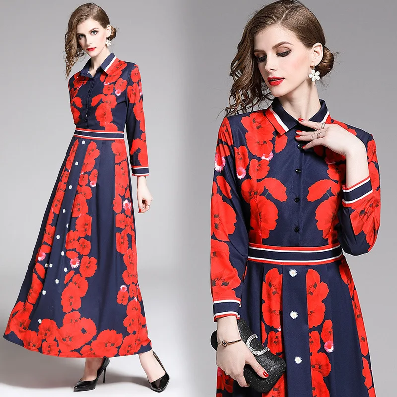 

2019 Europe And America Versitile Fashion Slim Fit Slimming Waist Hugging Positioning Floral Printed Dress Long Sleeve Mid-lengt