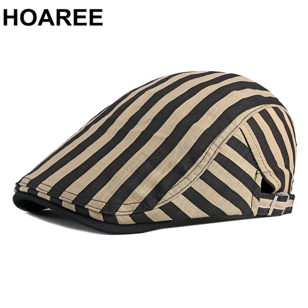 HOAREE 100% Cotton Ivy Cap Khaki Striped Mens Berets Cabbie Vintage Flat Caps for Men Spring Summer Brand Wigens Cap