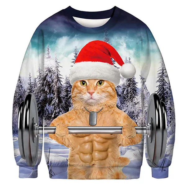 Muscular cat S Xiaomi 3D Sweater Round Neck Long Sleeve Christmas Cat Dog Santa Print Comfortable Sweatshirt Clothing Casual for Men and Women - Цвет: Muscular cat S