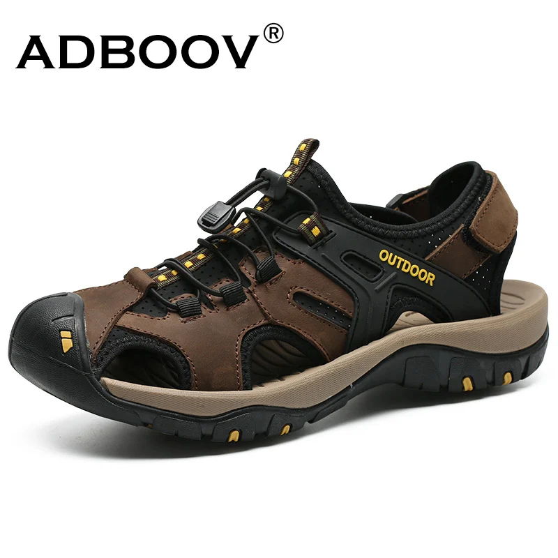 

ADBOOV Closed Toe Cow Leather Sandals Men Rubber Sole Summer Beach Shoes Fisherman Walking Mens Outdoor Sandals Size 46 47 48