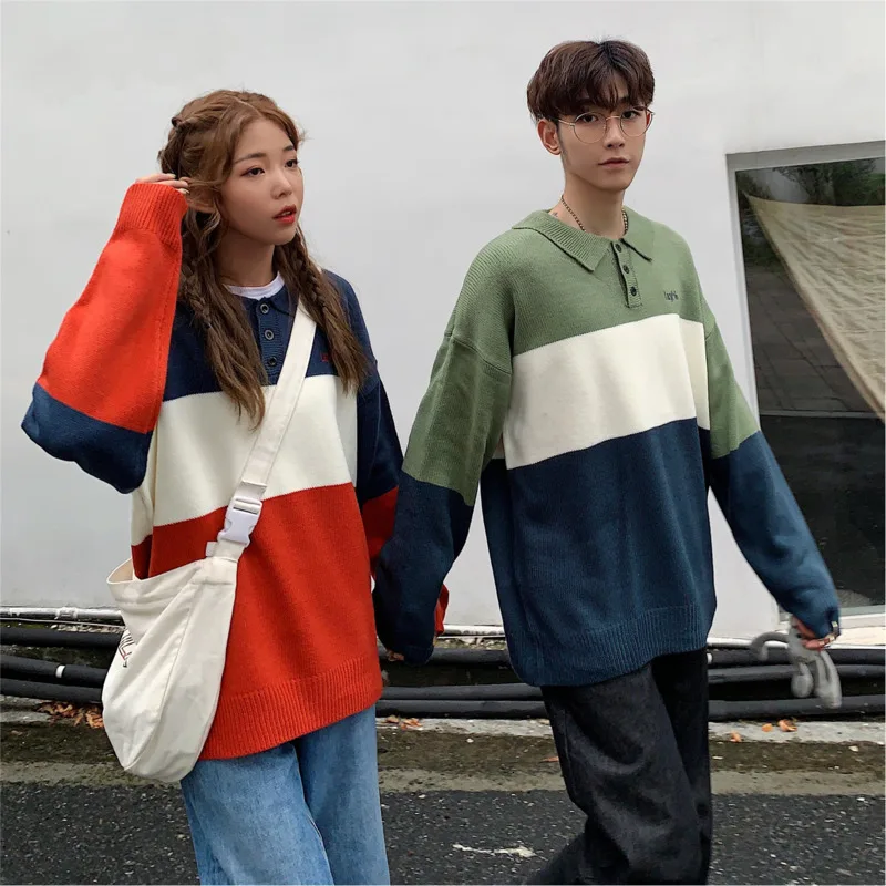 Autumn Polo Sweater Men Fashion Contrast Color Casual Lapel Knit Sweter Men Clothes Streetwear Wild Loose Couple Pullover Man