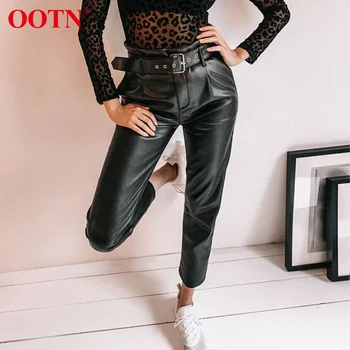 

OOTN Casual Sash Black Pu Leather Pants Women High Waist Autumn Winter Trousers Slim Fashion Ladies Pants 2019 Streetwear Pocket