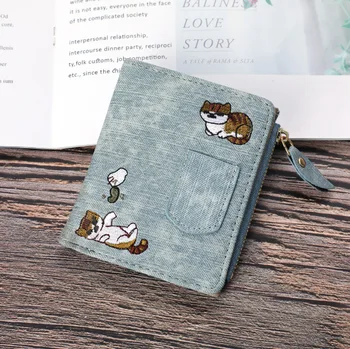 Jeans Style Women Short Wallets Cat Embroidered Canvas Clutch Large Capacity Buckle Fashion Coin Purse Coach Women Handbags 1