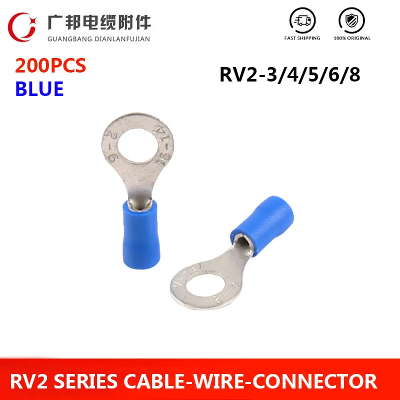 

200pcs RV2-3/4/5/6/8 Blue Insulated Ring Terminals Wire Connector Electriclal Crimp Terminal Cable Wire Connector RV