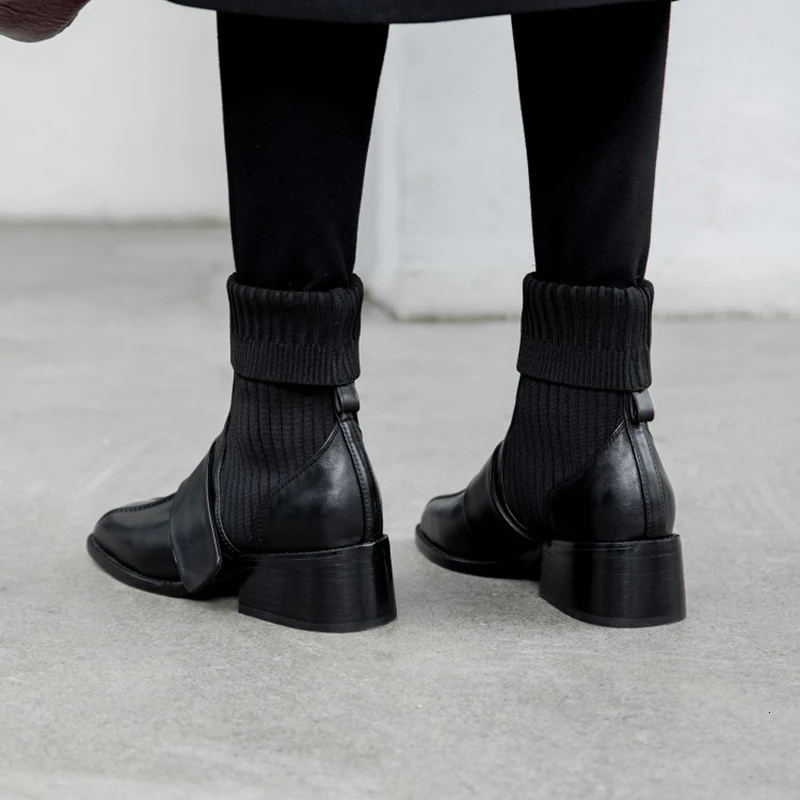 [DEAT] Square Toe Mixed Colors Casual Pu Leather Velvet Shoes Women Short Boots New Autumn Winter Fashion Tide 10E660
