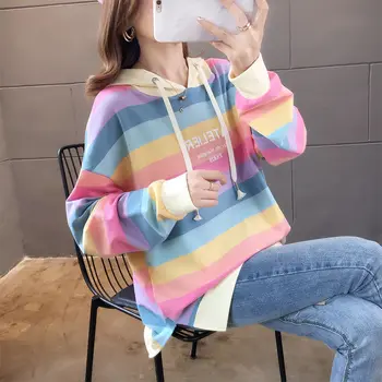 

Rainbow Stripe thin large women's Hoodie spring and autumn 2020 new Korean version loose BF lazy style coat