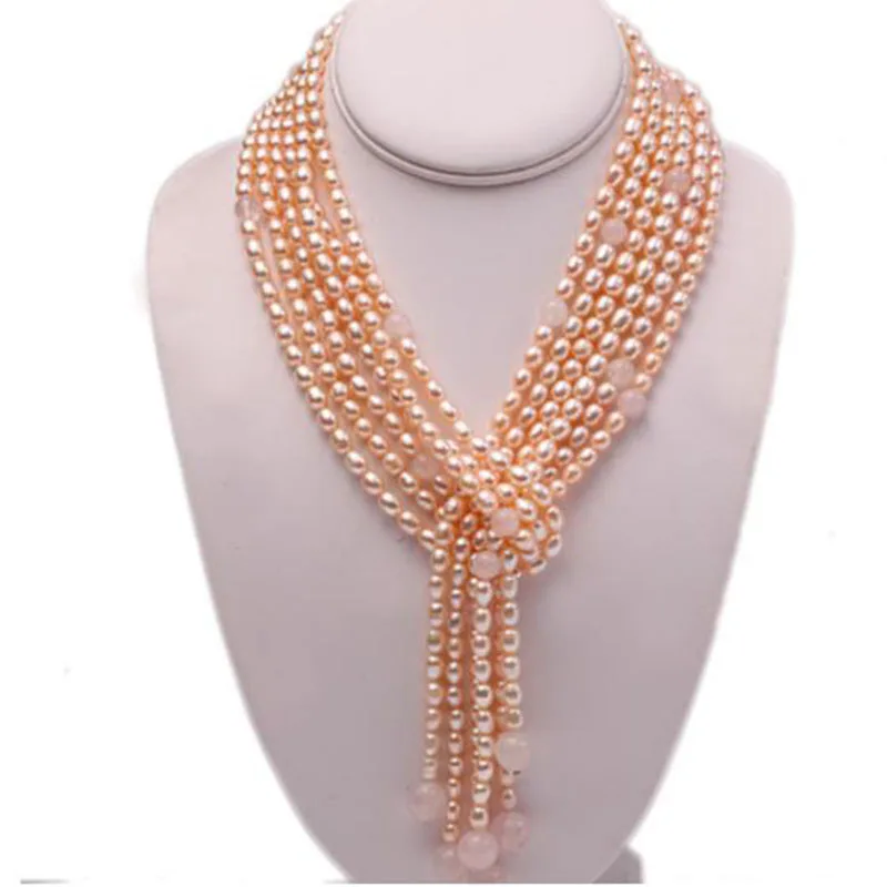 

exquisite Long Necklace 6x8mm Pink Oval Freshwater Pearl and Rose Quartz Three-Strand for Women 48" Christmas jewelry jj