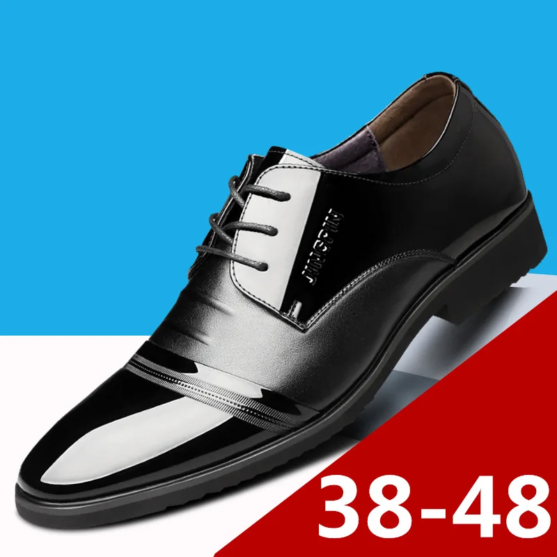 38~47 Large Men Patent Leather Flat Dress Shoes Italian Pointed Toe Lace Up Formal Wedding Derby Shoe Brown Suit Leather Shoes