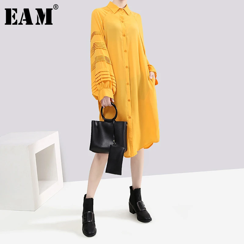 

[EAM] Women Yellow Pleated Big Size Shirt Dress New Lapel Long Lantern Sleeve Loose Fit Fashion Tide Spring Autumn 2019 1B716