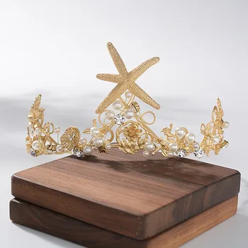 

Gold Color Bling Crystal Pearls Tiaras and Crowns Starfish Headbands for Women Bride Noiva Wedding Hair Jewelry FORSEVEN