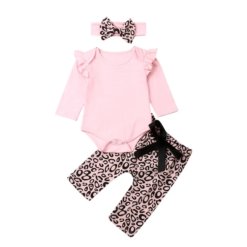 

Newborn Baby Girls free shipping clothes Leopard print Bandage Pants bow Geometry Headband solid Ruffle Bodysuit 3pc outfit
