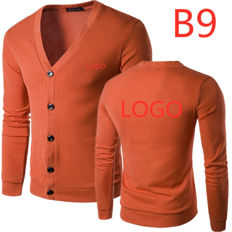 B9 Высокое качество Мужской Повседневный свитер пользовательский бренд шаблон v-образным вырезом кнопка тонкий свитер мужской сплошной цвет свитера в стиле Харадзюку куртки - Цвет: Orange