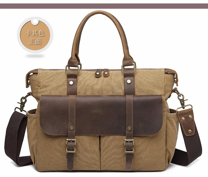 

Ougger Computer Breifcase Male Handbags Big Khaki Canvas Vintage England Style Crossbody Bags with Zipper for Business