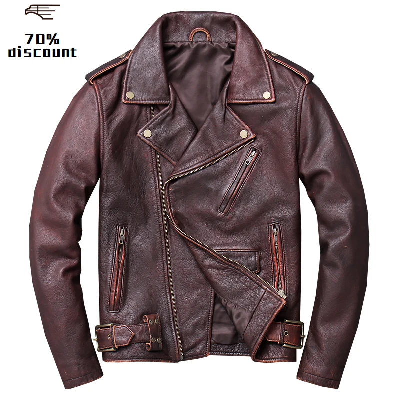 

2020 Vintage Brown American Motorcycle Leather Jacket Plus Size XXXXXL Genuine Cowhide Spring Short Biker's Coat FREE SHIPPING