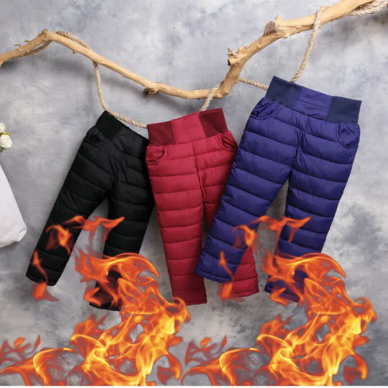 Детская пуховая одежда для русской зимы; плотные штаны с хлопковой подкладкой для мальчиков и девочек; леггинсы с высокой талией; водонепроницаемые ветрозащитные зимние брюки