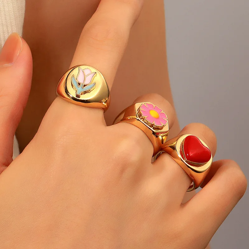 Korean Simple Oil Dripping Flower Ring Fashion Color Love Geometric Is Used for Women Gold Luxury Jewelry Wholesale | Украшения и