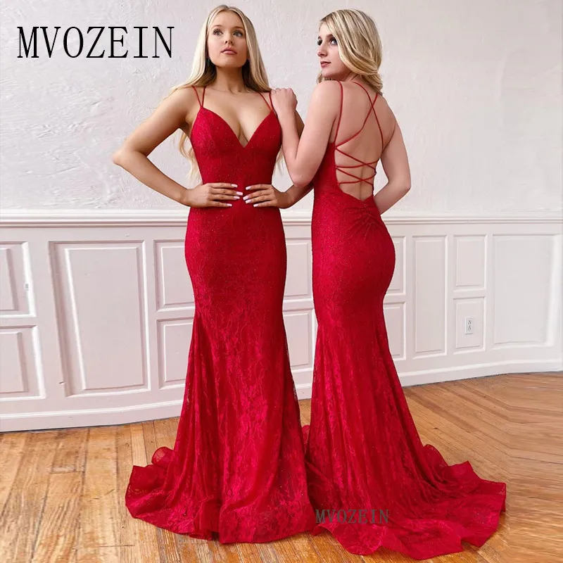 

Mvozein Charming Mermaid Evening Dresses 2020 Spaghetti Strap Long Evening Dress Backless Floor Length Party Gown robe-de-soiree