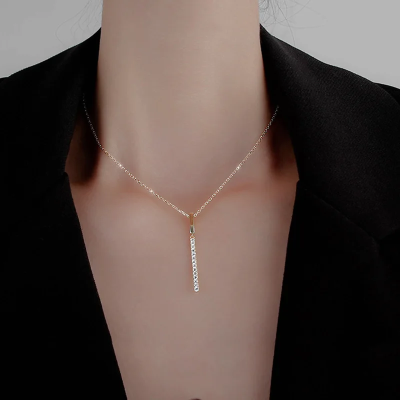 Hot Selling 925 Sterling Silver Necklace Simple Long Strip Cubic Zircon Choker Shiny Exquisite Women's Clavicle Chain SNK052 - Image 2