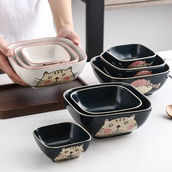 

Ceramic dessert bird's nest bowl breakfast cereal yogurt square bowl Japanese handmade cute cartoon rice salad tableware set