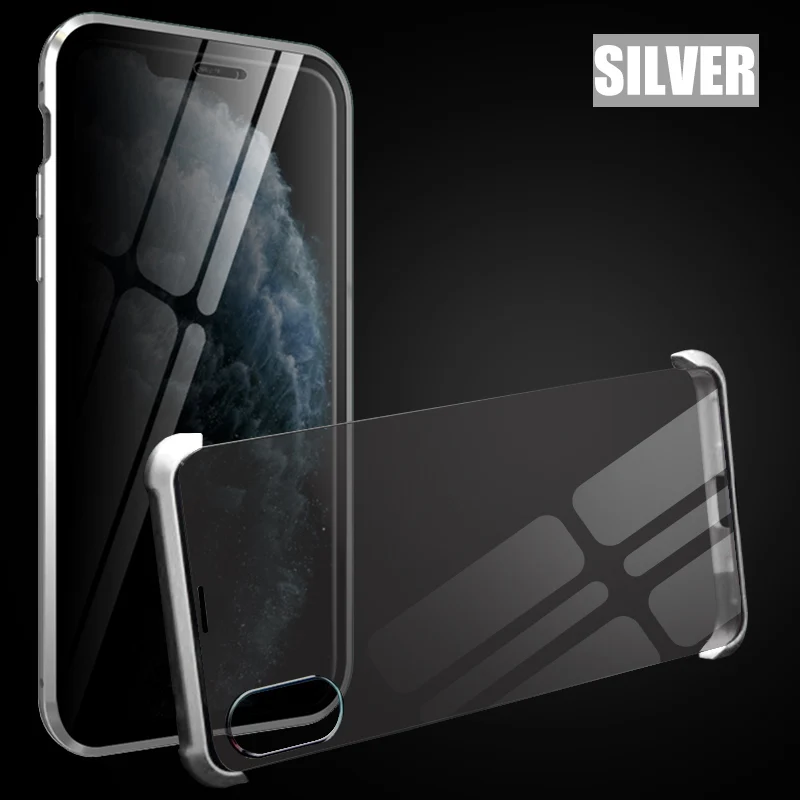 2Pcs Privacy and Rimless Tempered Glass Magnetic Case for iPhone 7 8 Plus XS MAX XR Full Body Protection Magnetic Case Cover - Цвет: Silver