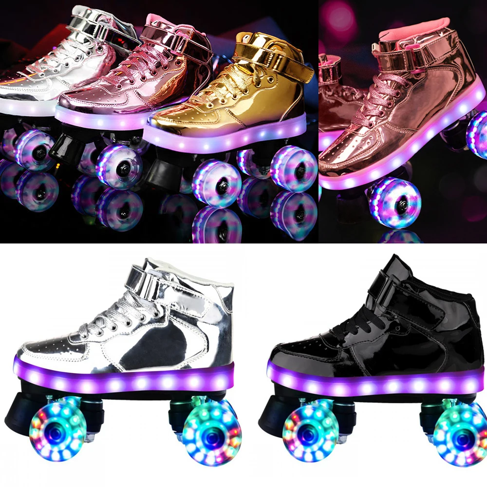 

Led Rechargeable Flash Roller Skates Adult Double Row Pulley Shoes Men Women Patines 4-Wheel PU Children Luminous Skating Shoes