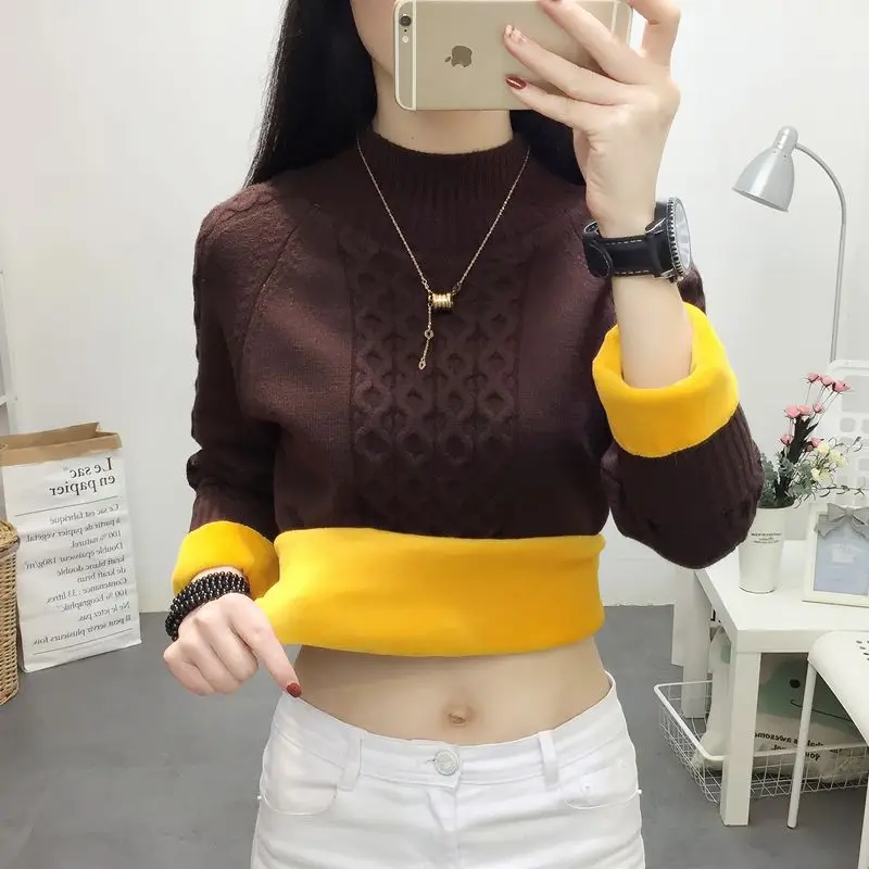 2019 winter new plus velvet thick loose sweater female solid color bottoming sweater 698