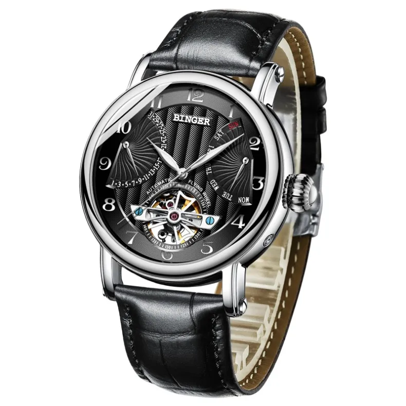 Часы с ремешком из натуральной кожи, автоматические Роскошные брендовые модные механические часы Бингер с турбийоном, мужские водонепроницаемые сапфировые часы с календарем