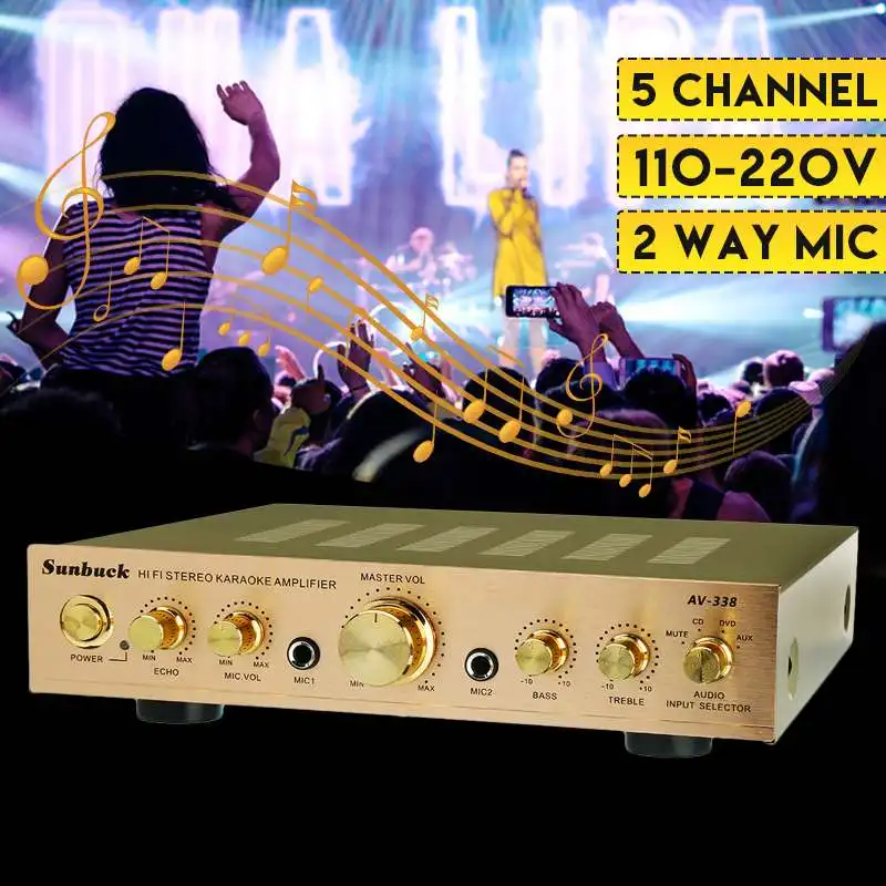 2000W 110V до 220V 5 канал эквалайзер, обеспечивающий Hi-Fi стерео Мощность усилитель автомобиля Усилитель Проекторы для домашнего кинотеатра аудио 2 микрофон AUX Динамик