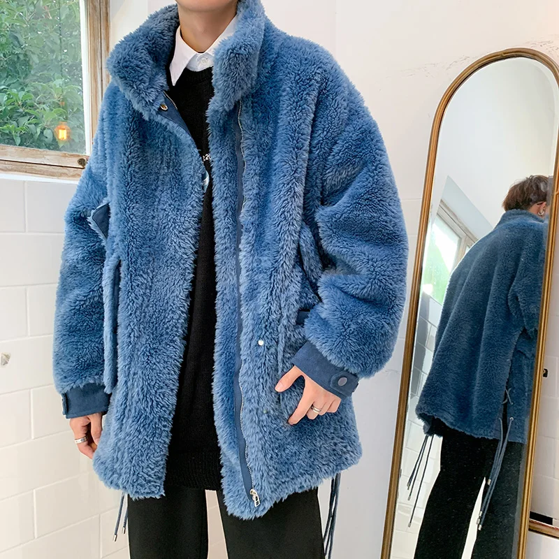 

2019 Winter New Fashion Men Real Sheep Fur Coat Jacket Long Oversized Thick Warm Outerwear Imitation Wool Composite Shearling
