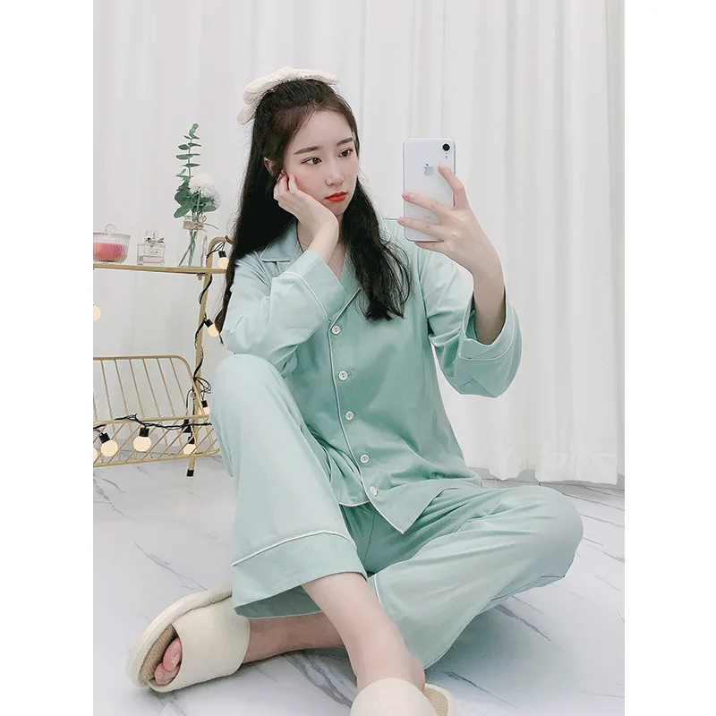 

New Pajamas Women Spring Autumn Cotton Pijamas Long-sleeved Cardigan Korean Comfortable Simple Home Clothes Two-piece Home Suit