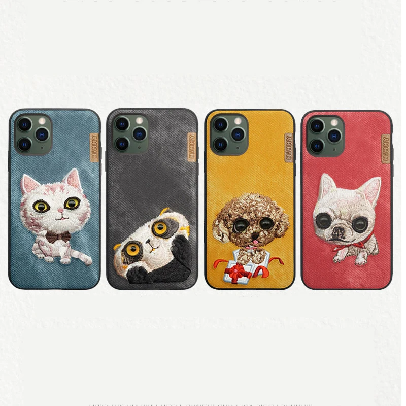 Вышитый Чехол для мобильного телефона для iPhone 11, кошка, панда, Ло, собака, Тедди, iPhone 11 Pro max, анти-капля, силиконовый мягкий чехол из джинсовой ткани