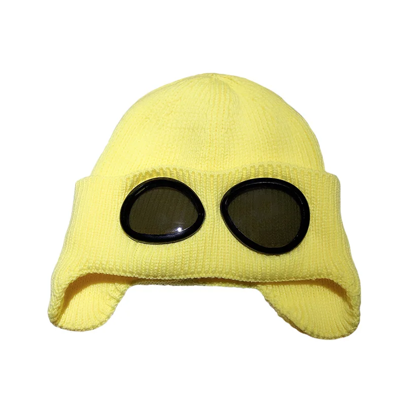 Зимняя Шапка-бини в стиле пилота для женщин и мужчин, шапка в стиле хип-хоп с украшением goggle, женские шапочки - Цвет: yellow