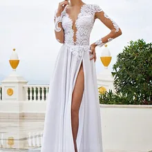 Белое элегантное платье с кружевной аппликацией и длинным рукавом, сексуальное платье с открытой спиной для зрелых женщин(ESD114