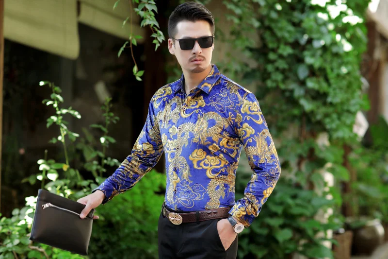 Рубашка с цветочным принтом дракона для мужчин Camisa Social Masculina De Luxo рубашка мужская с длинным рукавом бархатная рубашка мужская сорочка Homme