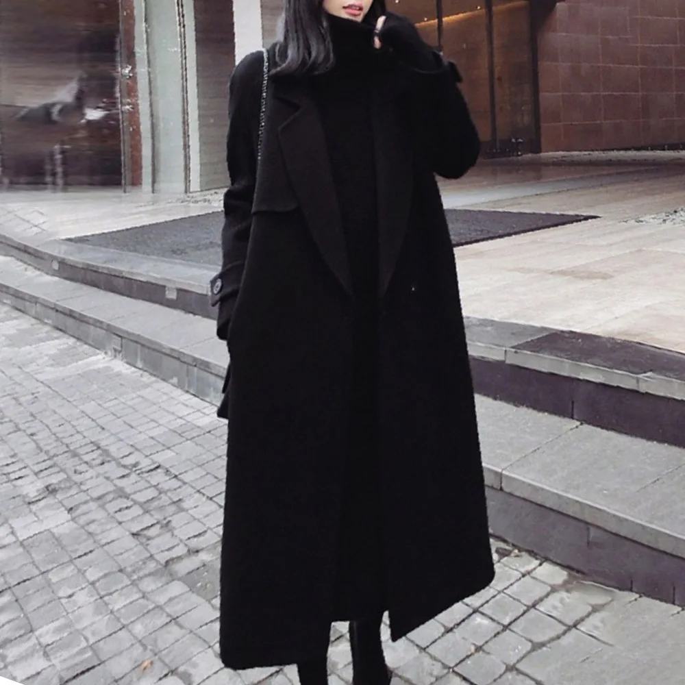 

Women Long Wool Coat 2020 Black Overcoat Belt Over-The-Knee Office Autumn Winter Overcoats Pocket Plain Female Simple Outwear