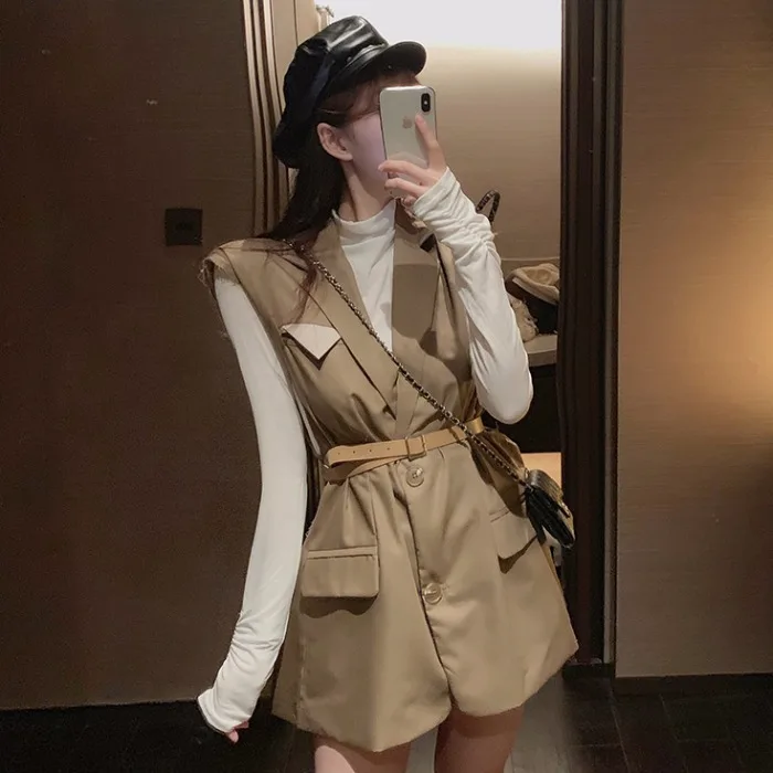 Hong Kong Flavor New Style Loose-Fit Slimming Mid-length Suit Waistcoat Coat+ Versatile Slim Fit Long Sleeve Base Shirt Fashion