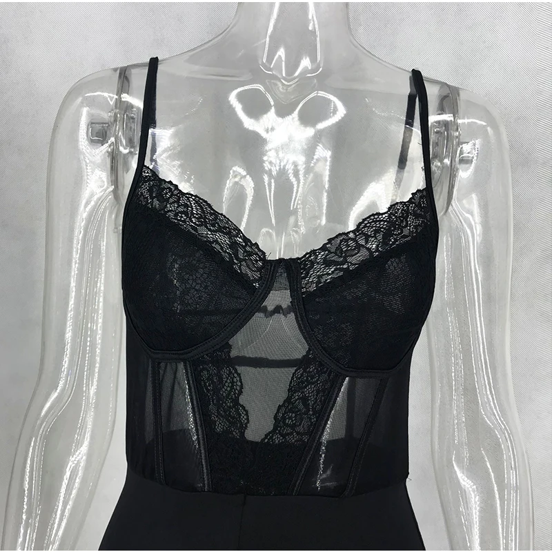 Hollow Out Backless Sexy Jumpsuit Women Spaghetti Straps See Through Mesh Splice Lace Playsuit Party Club Wear Rompers