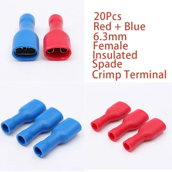 

20Pcs Red And Blue 6.3mm Female Insulated Spade Crimp Terminal Connector For 0.5-2.5mm Electrical Wire Cable Connecors