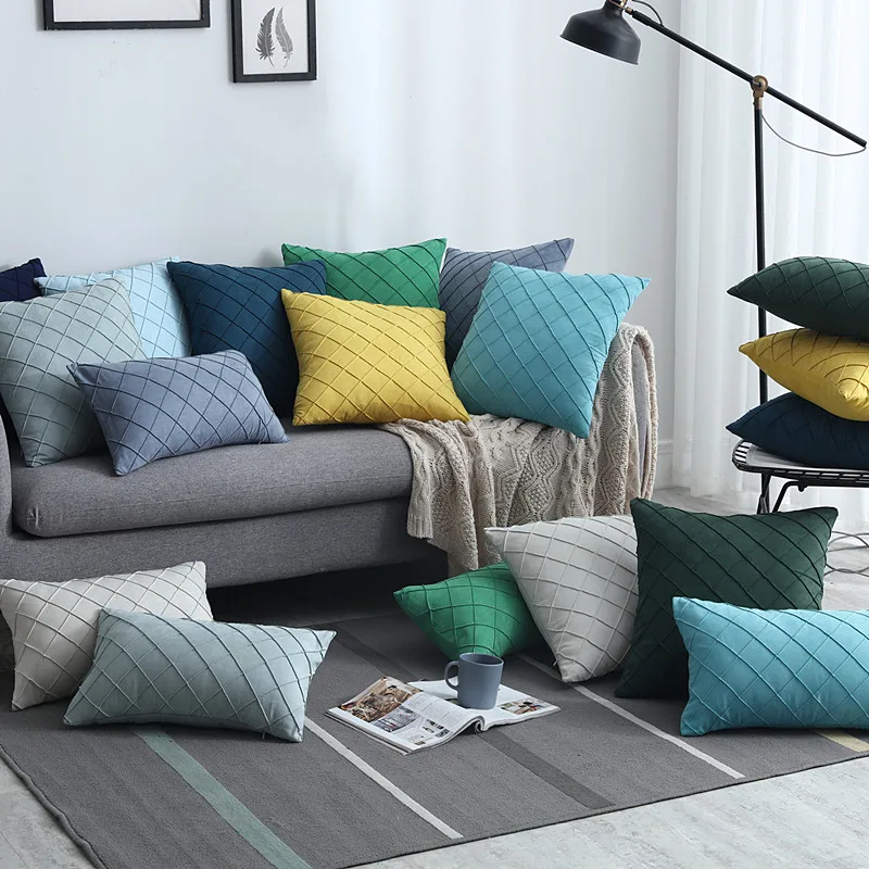Yellow Blue Navy Green Embroidered Lattic Cushion Cover Pleat Home Decorative Pillow Cover Lumber Pillow Case 45X45CM/30x50cm